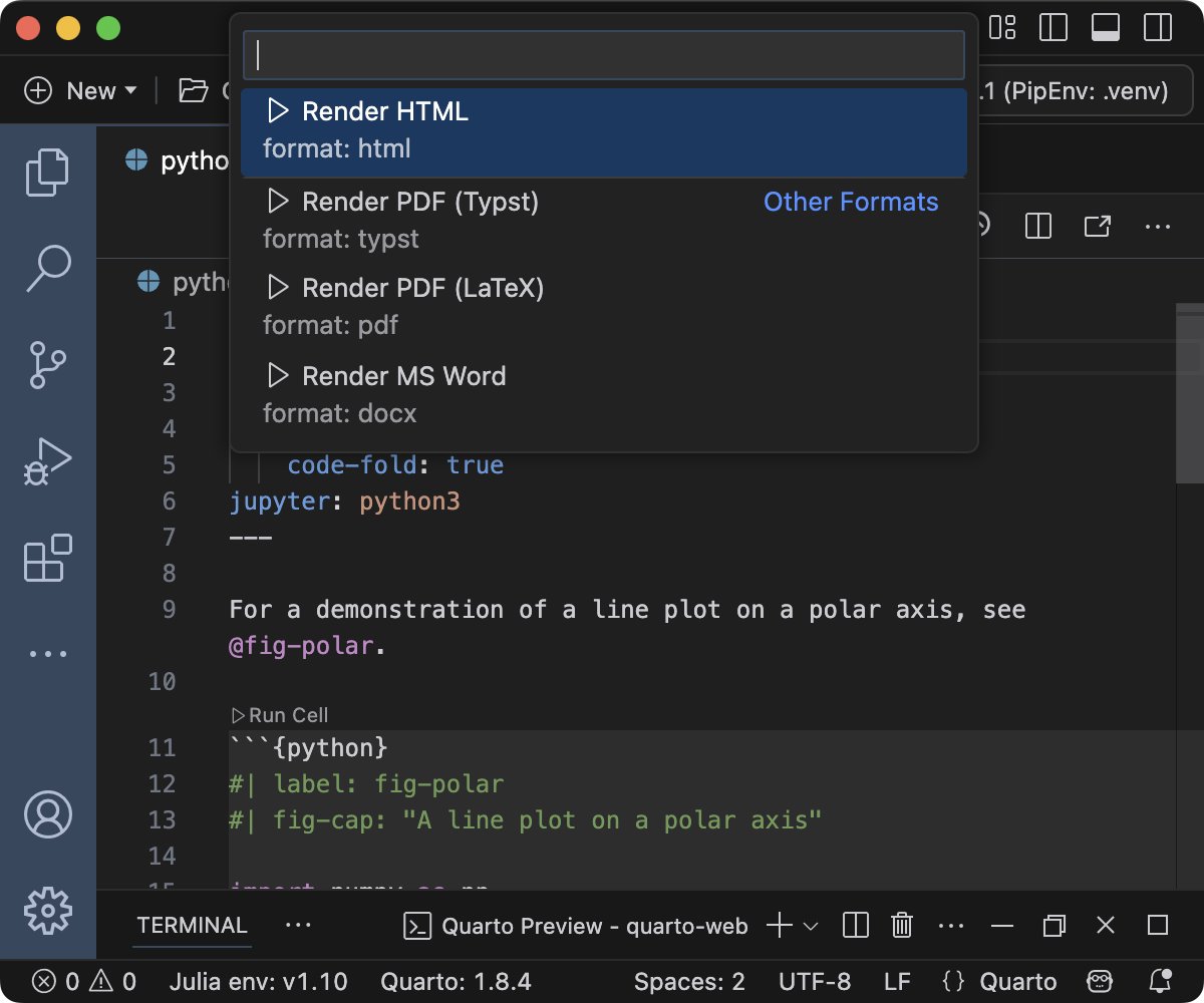 The top of the Positron editor. The command palette shows a quick pick list of available formats to render.