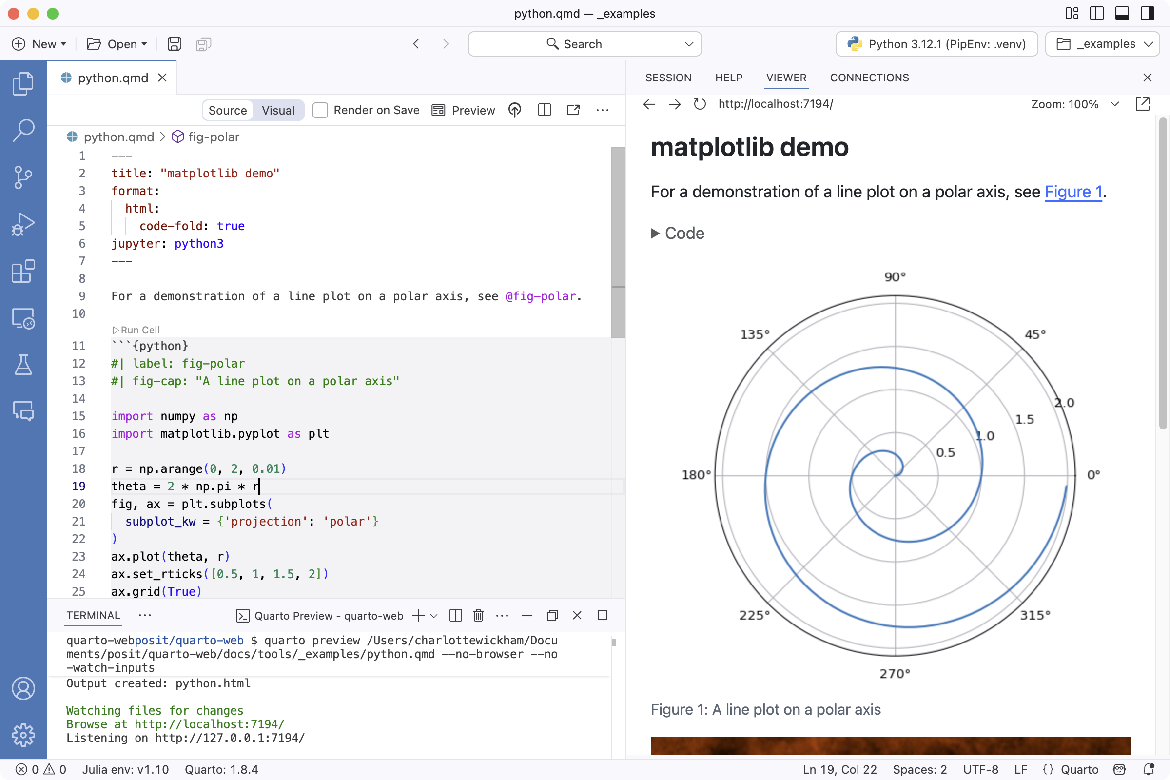 Two windows arranged side by side. The window on the left is a qmd file opened in Positron. The contents of this document are the same as the first part of the Getting Started: Welcome section of this website. The contents of this document are rendered by Quarto in the window on the right.
